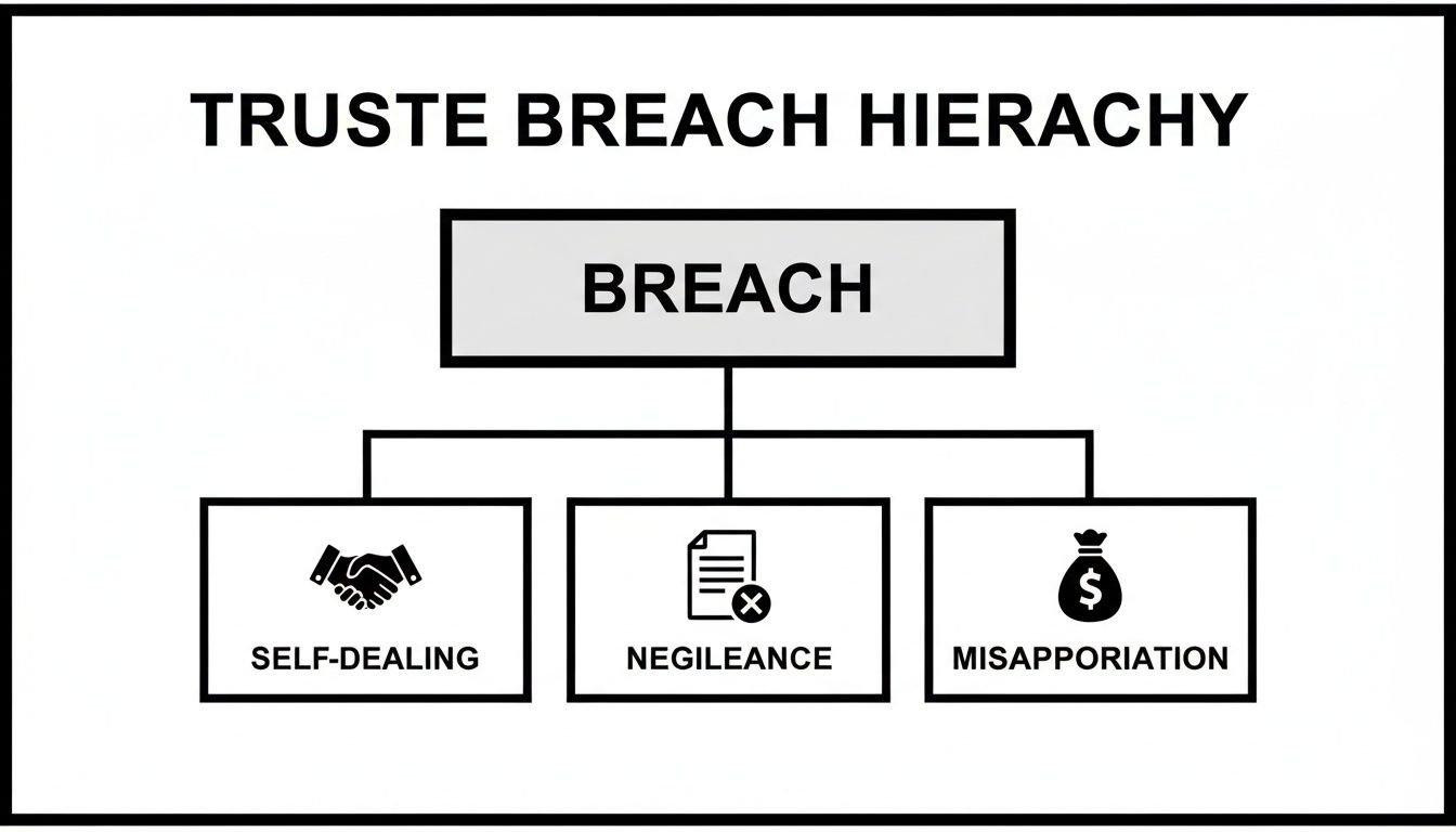 A hierarchy diagram illustrating three types of trustee breaches: self-dealing, negligence, and misappropriation.