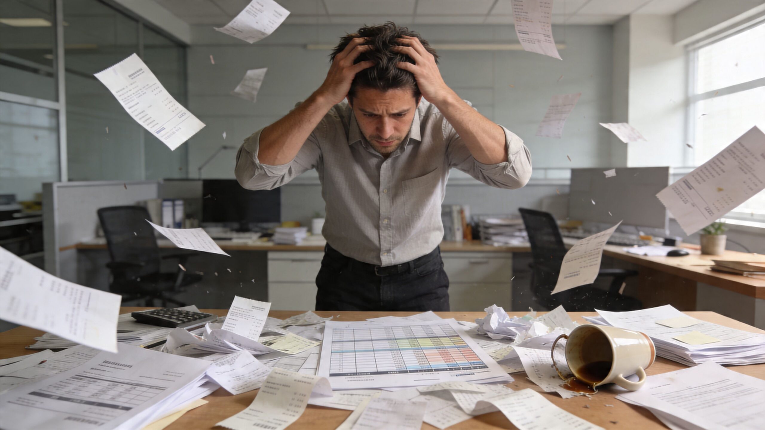 Stressed professional man in an office looking at financial documents with scattered paperwork floating around him.
