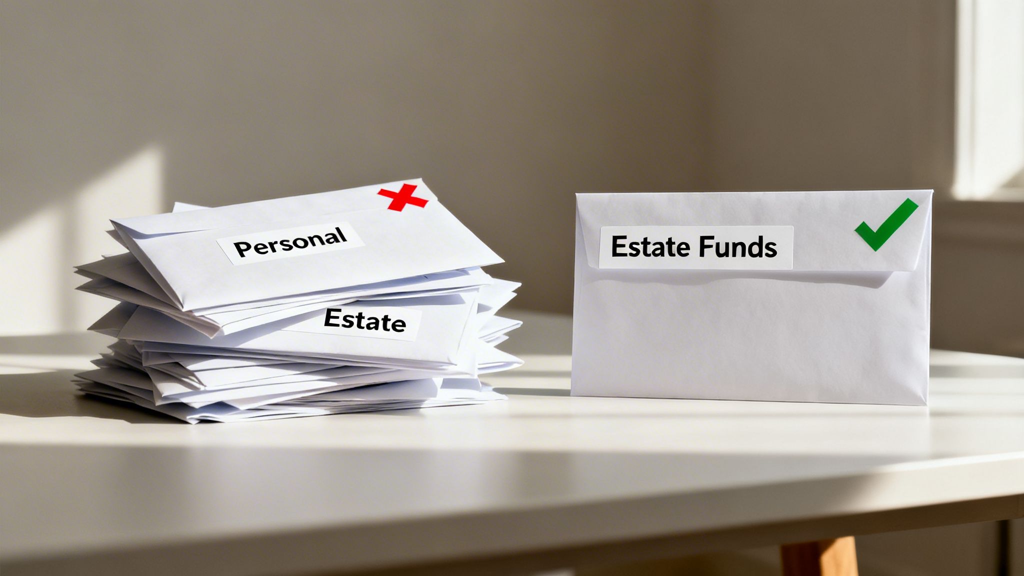 Envelopes marked 'Personal' (red X) and 'Estate Funds' (green check), showing correct estate administration.