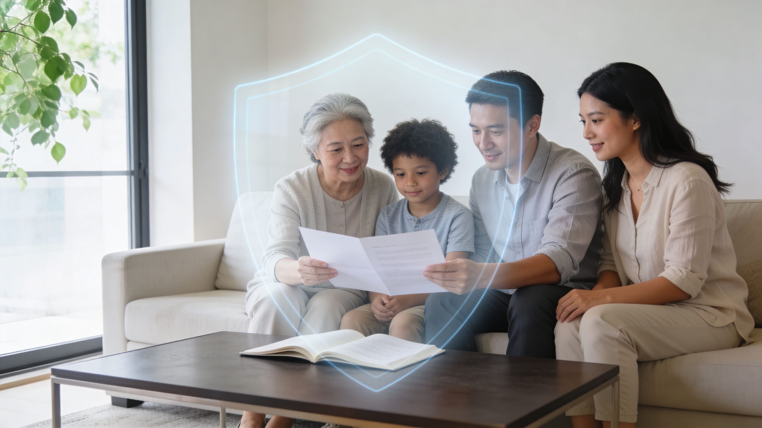 A multi-generational family sitting together on a sofa while reviewing important documents in their home living room.