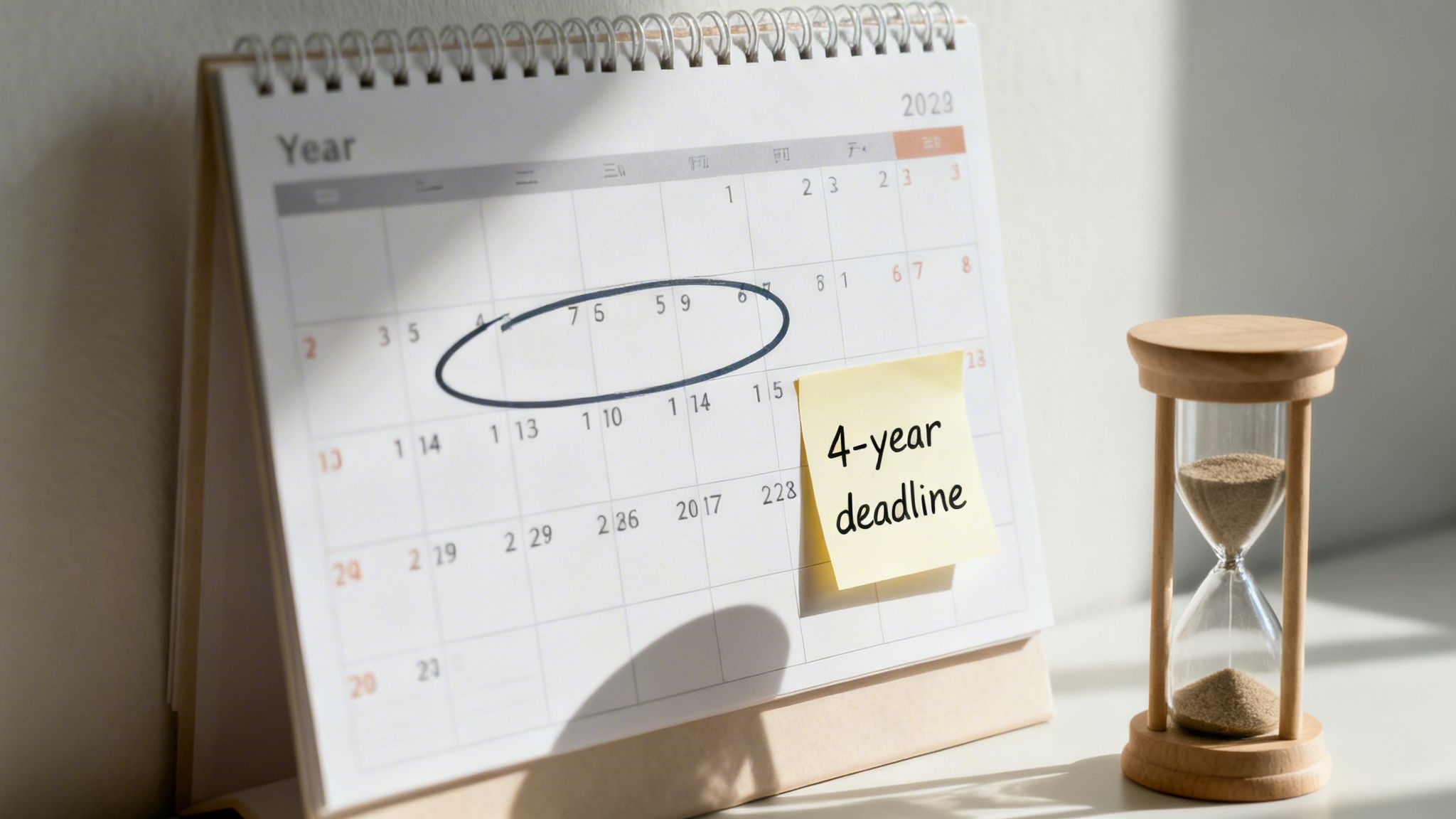 A desk calendar with a circled date, a '4-year deadline' sticky note, and an hourglass.