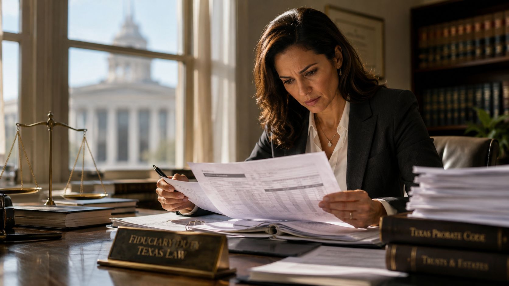 A female lawyer reviewing legal documents in her office with a Texas courthouse visible through the window.