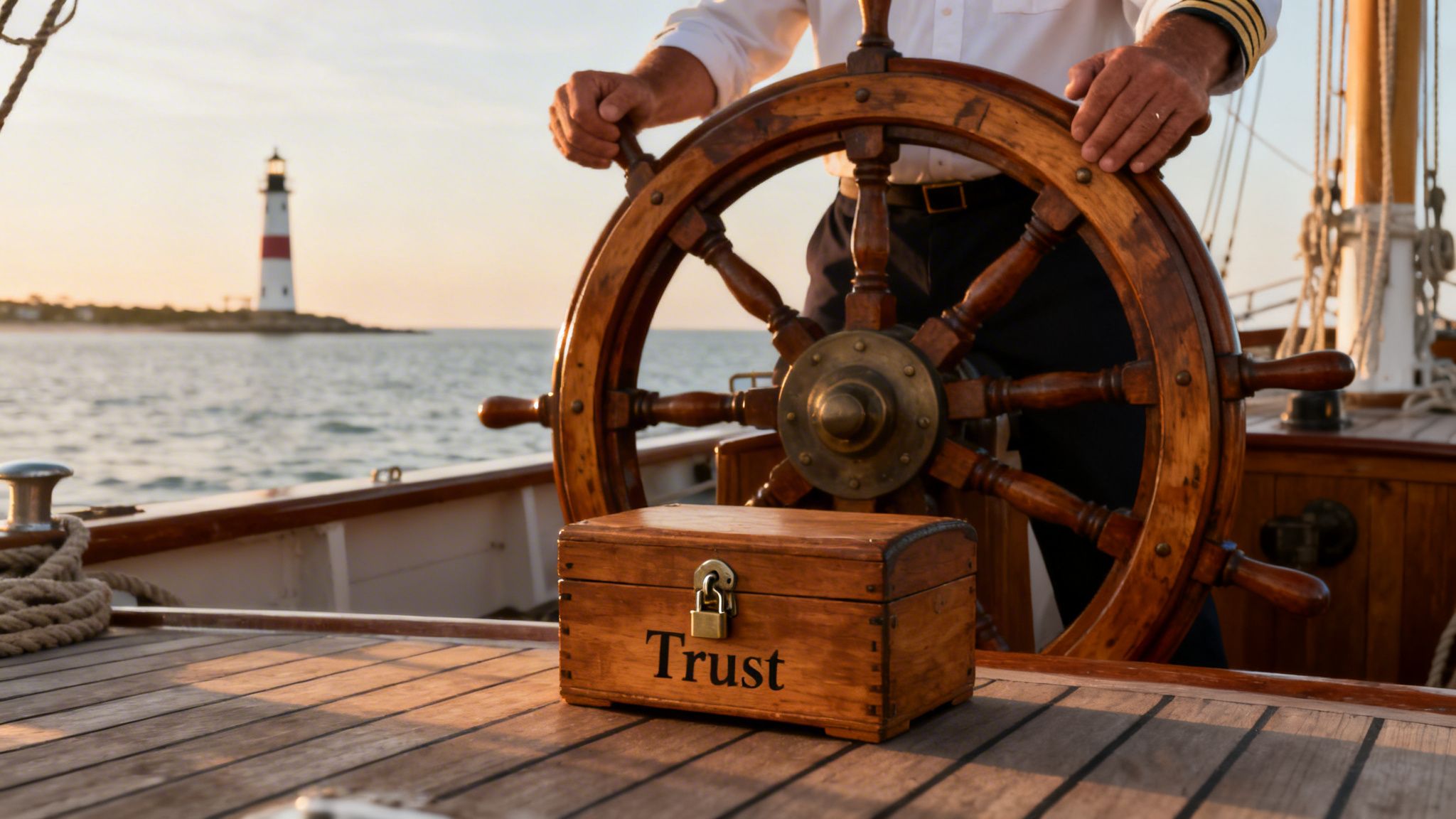A captain at the helm, steering a ship with a 'Trust' box on deck and a lighthouse in the distance.