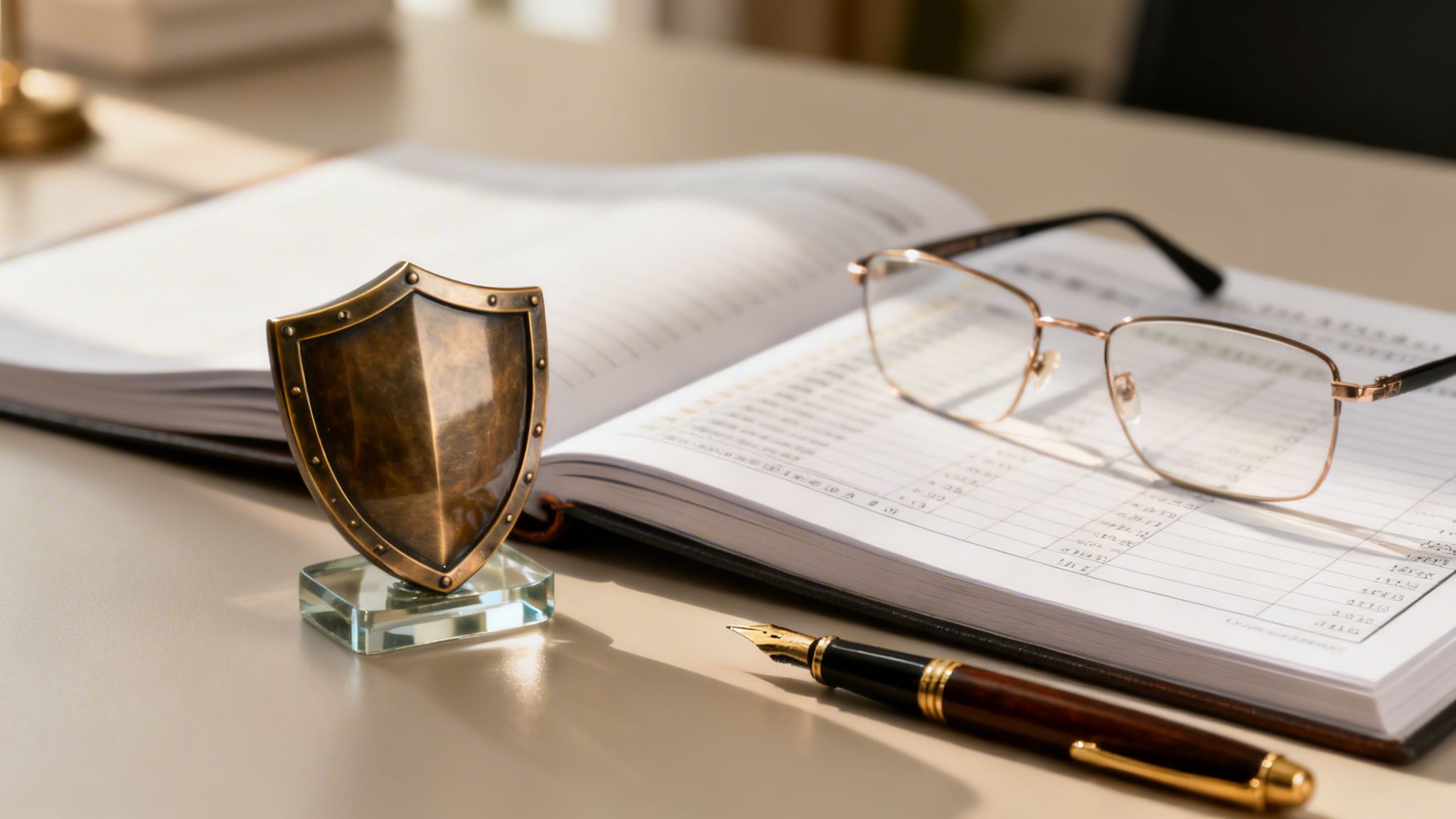 A bronze shield on a glass stand with an open ledger, eyeglasses, and a fountain pen.