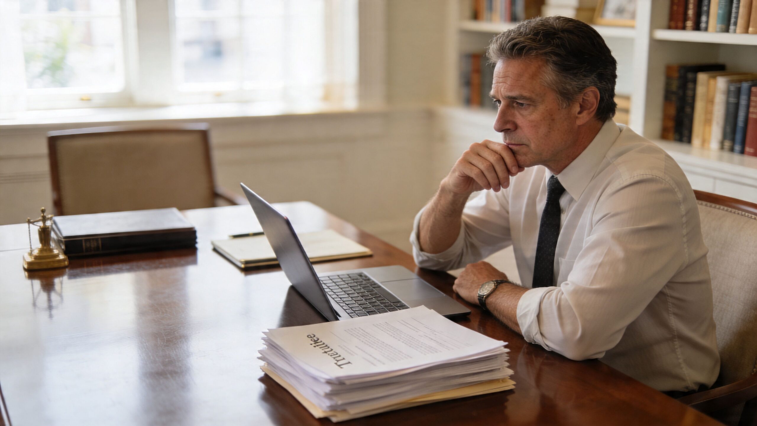 A professional man sitting at a desk in an office reading legal documents related to trustee obligations.