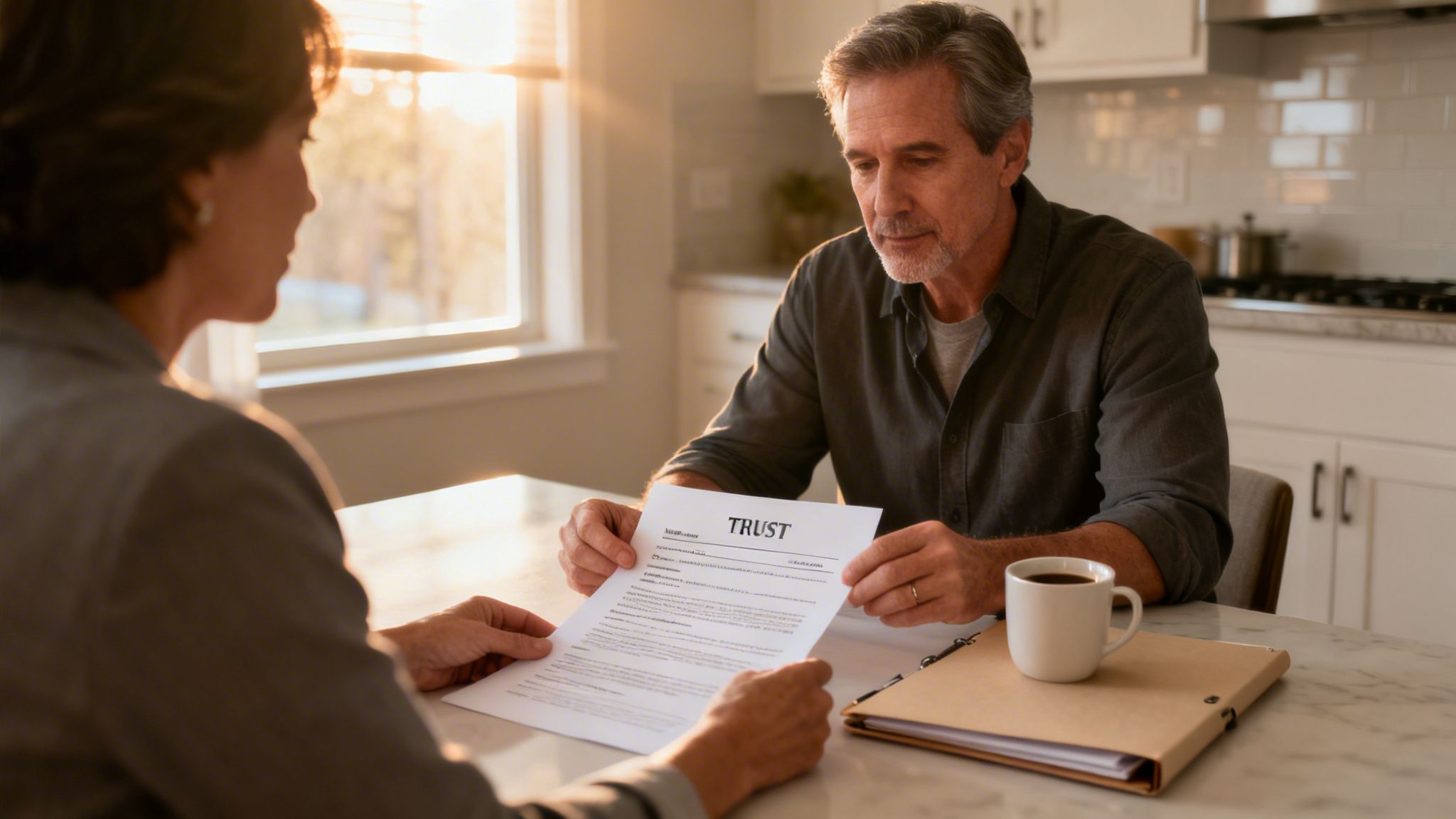 A man and woman discussing a trust document at a sunlit kitchen table, with coffee nearby.
