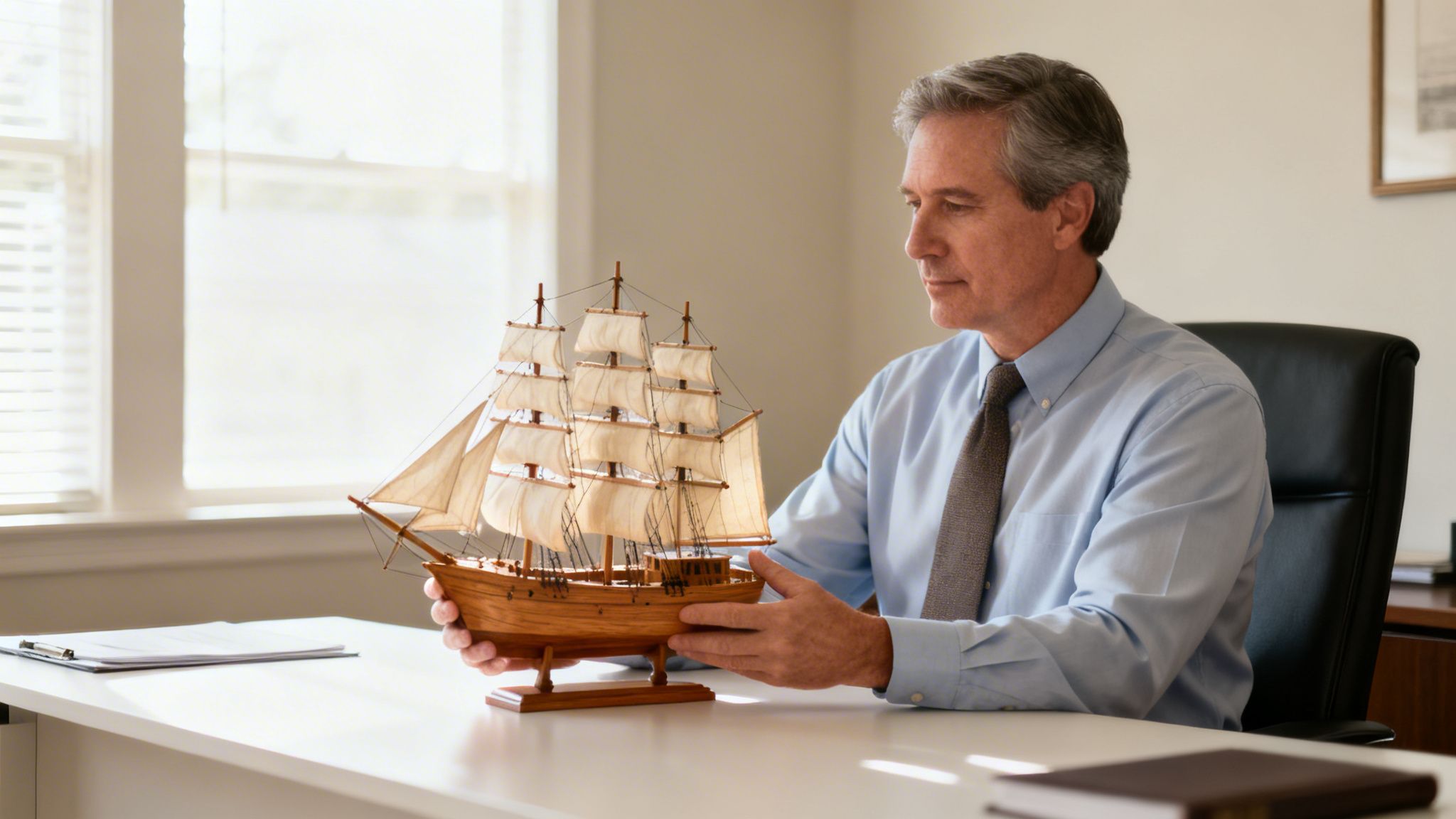 A man in a light blue shirt and tie sits at a desk, carefully holding a detailed model of a sailing ship.