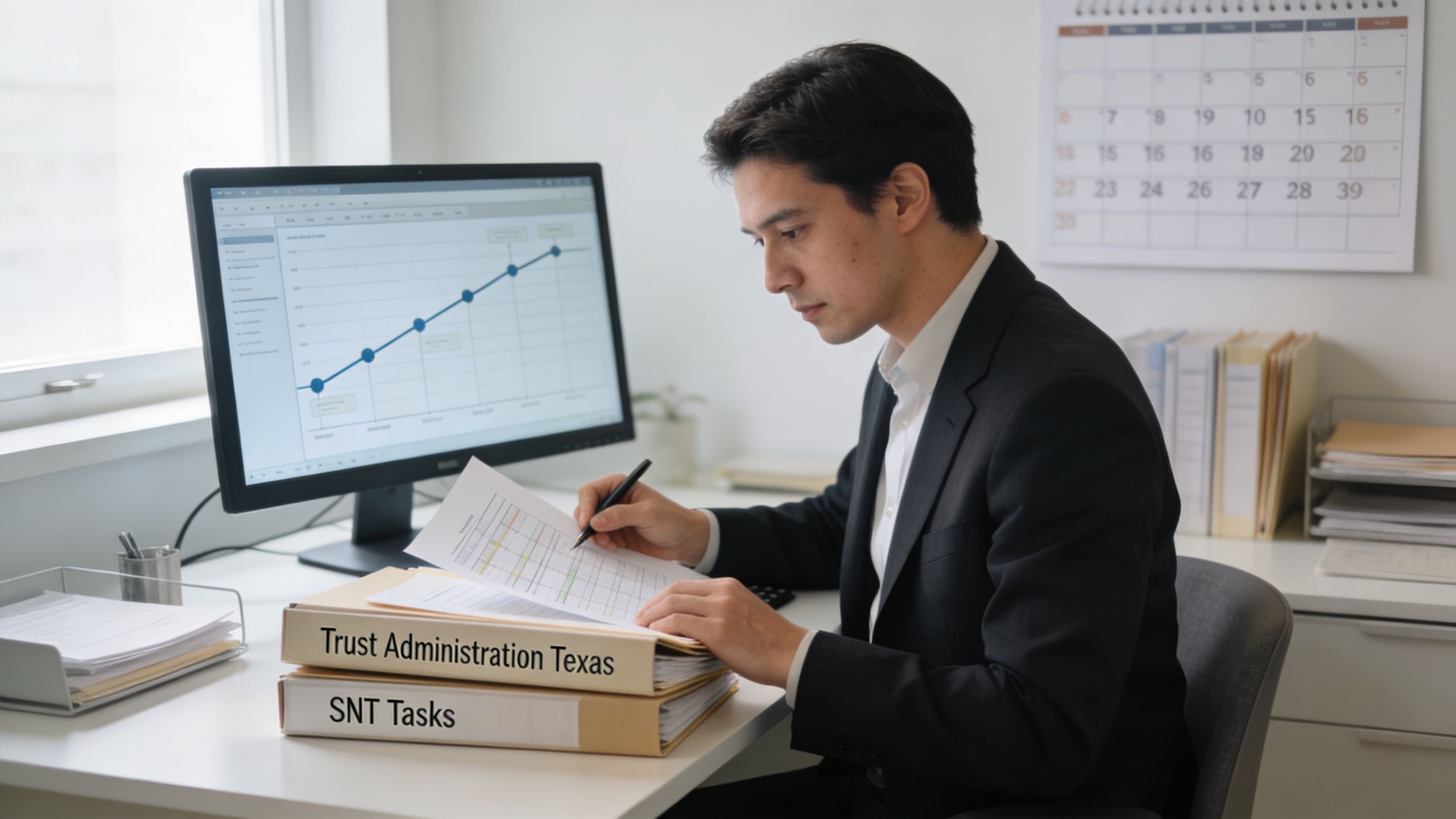 A professional man in a suit working at an office desk with trust administration and SNT task binders.