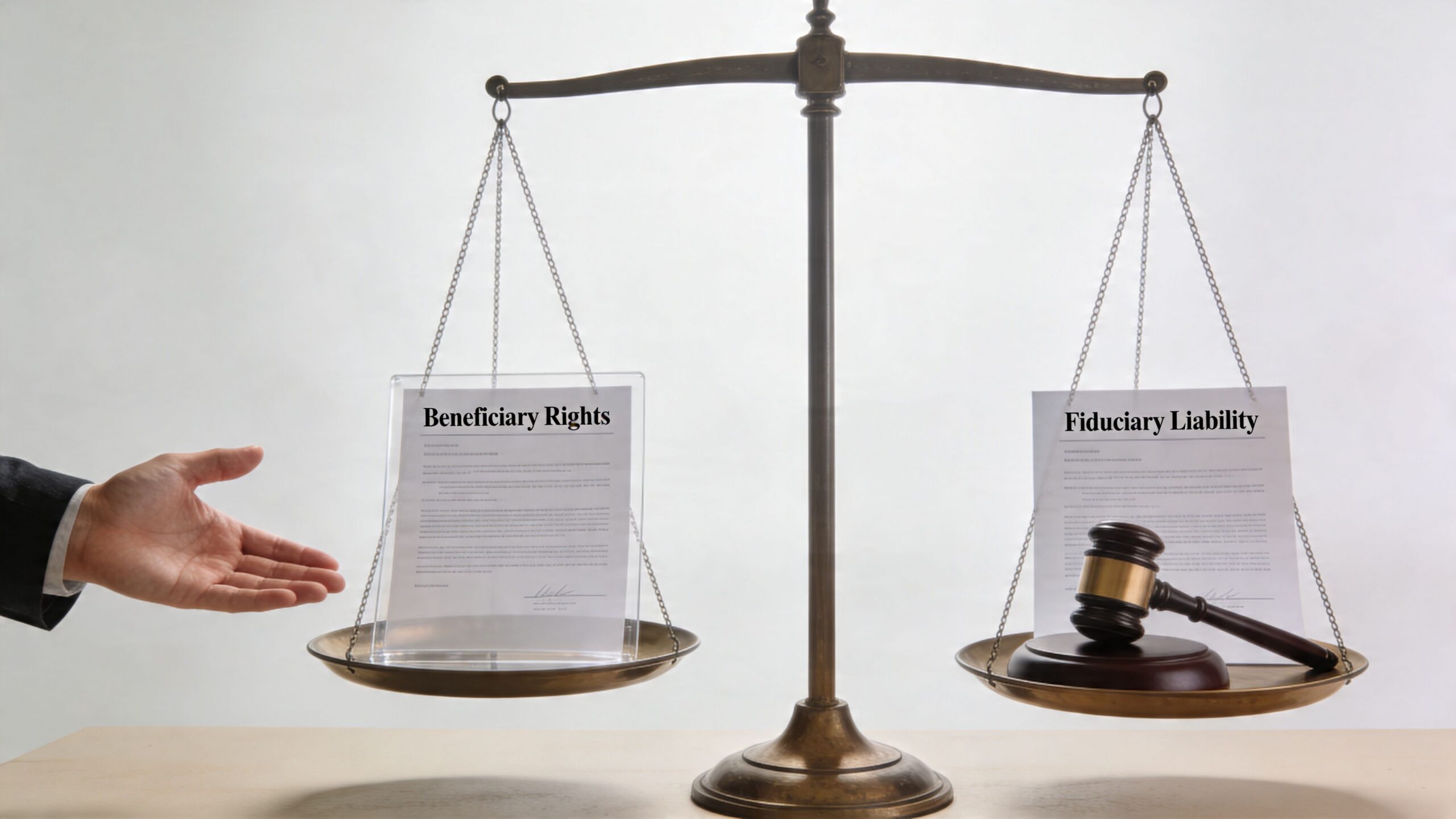 A pair of scales balancing a legal document titled Beneficiary Rights and a gavel on Fiduciary Liability.