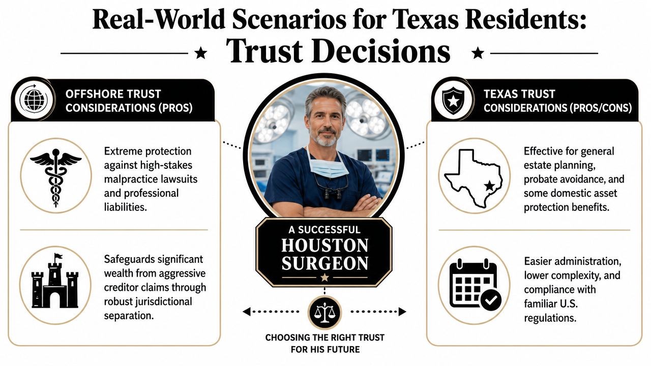An infographic comparing offshore trust benefits versus Texas trust planning options for a Houston surgeon.
