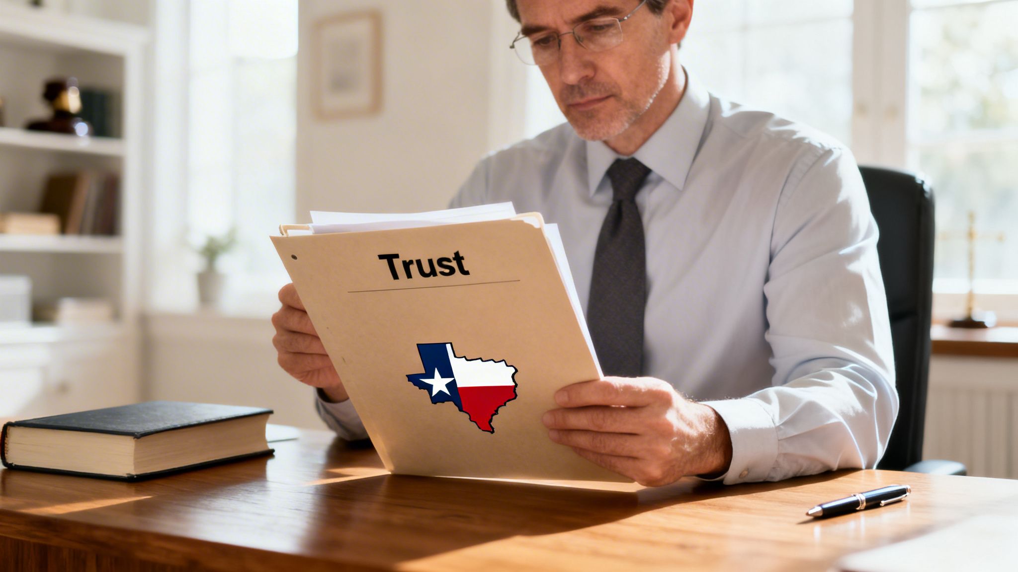 A man in an office reviews a "Trust" document featuring the map of Texas, indicating legal matters.