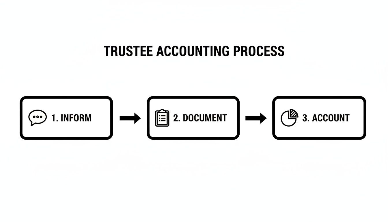 Flowchart showing the three steps of the trustee accounting process: inform, document, and account.