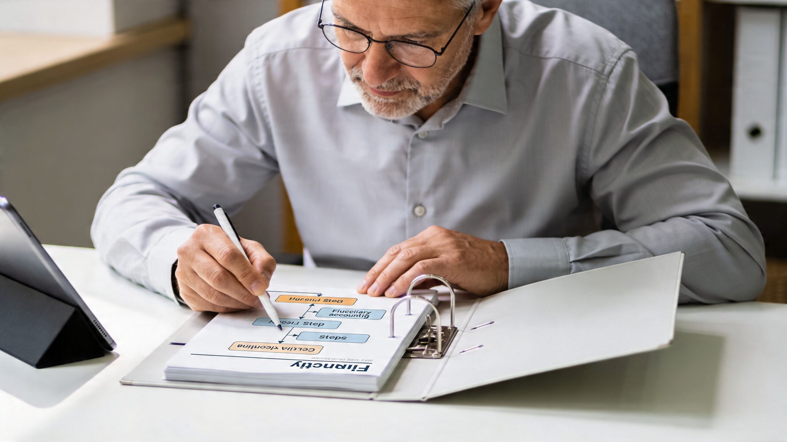 A professional man reviewing a fiduciary accounting document with a flowchart in a binder at his desk.
