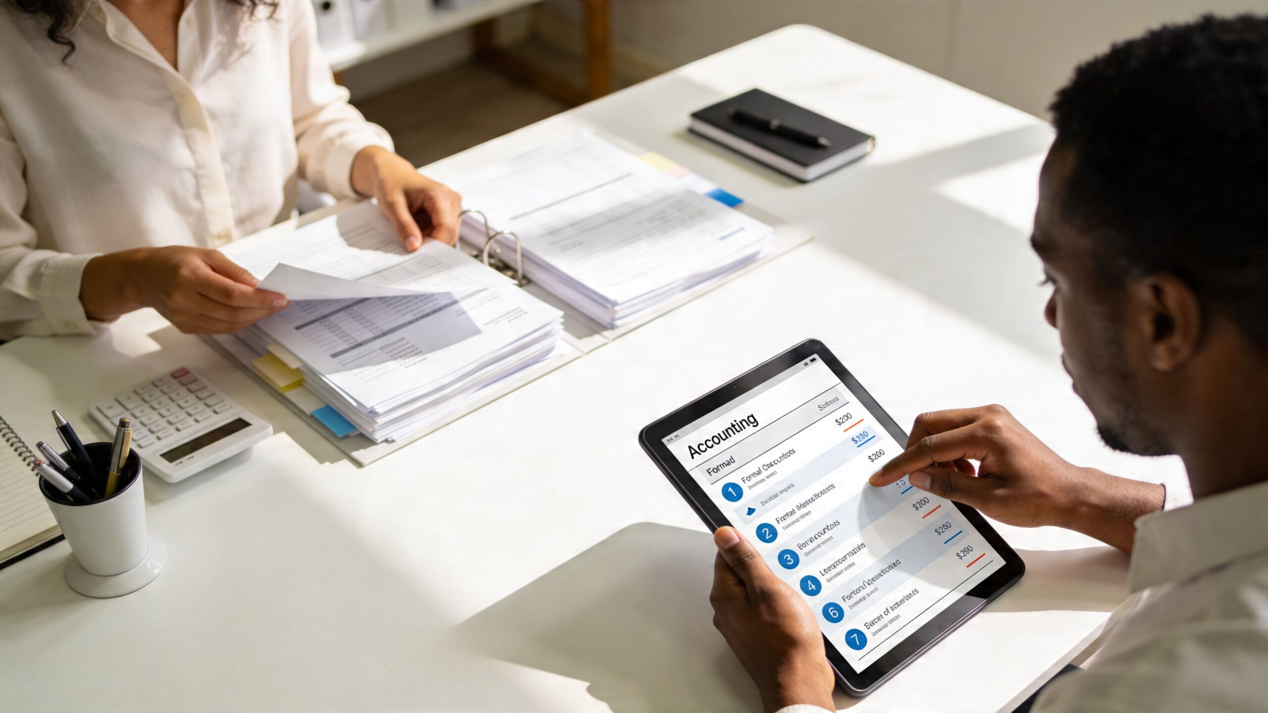 A professional team reviewing accounting and trust fund reports on a tablet and paper files in office.