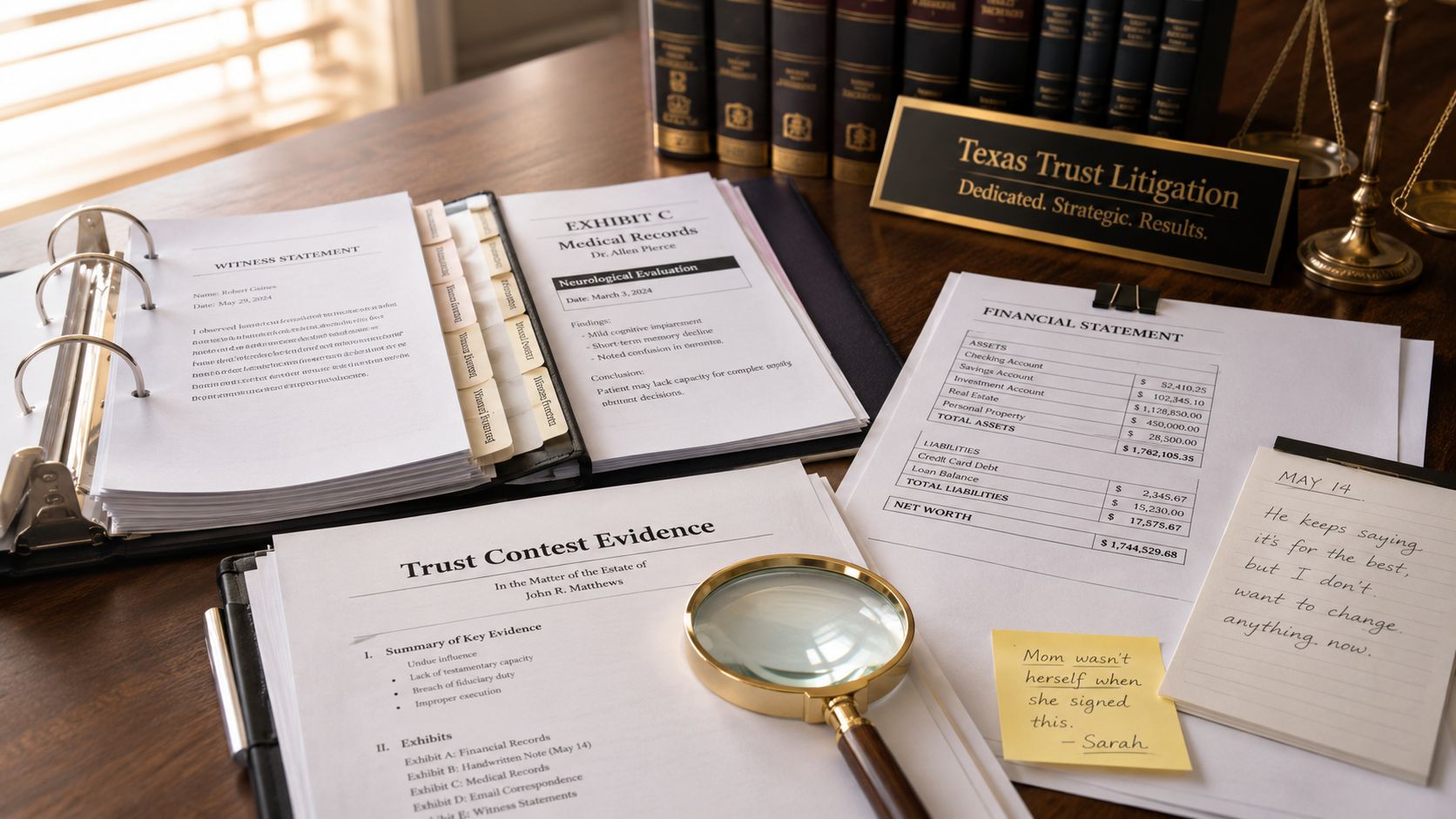 Legal documents and financial statements spread across a desk for a Texas trust contest investigation.
