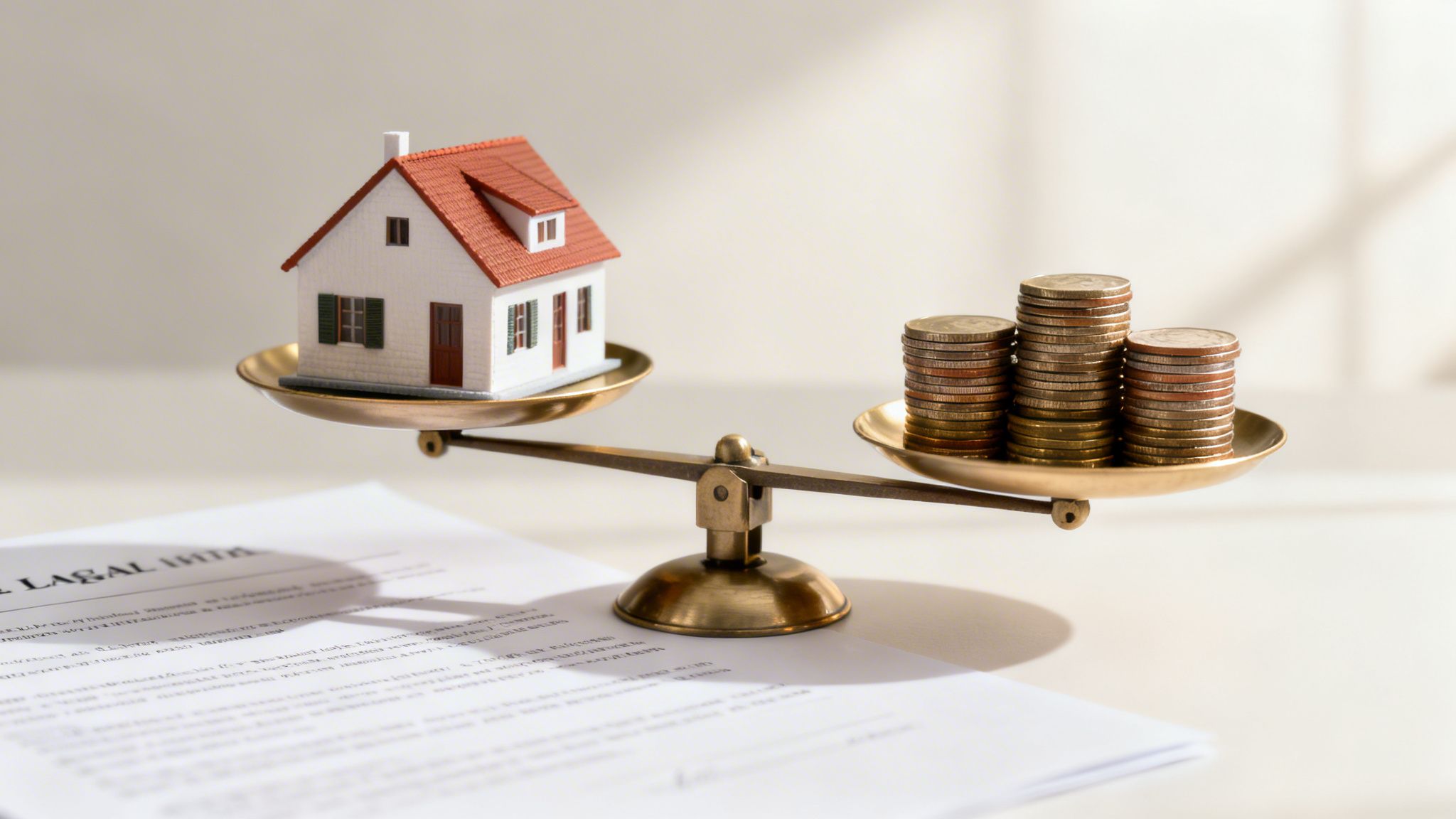 A miniature house and stacks of coins are perfectly balanced on a scale over legal documents.
