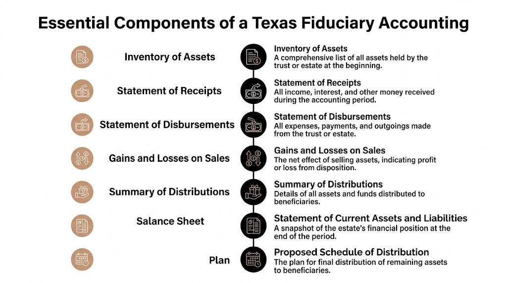 A list showing the essential components of a Texas fiduciary accounting, including inventory, receipts, disbursements, and distributions.