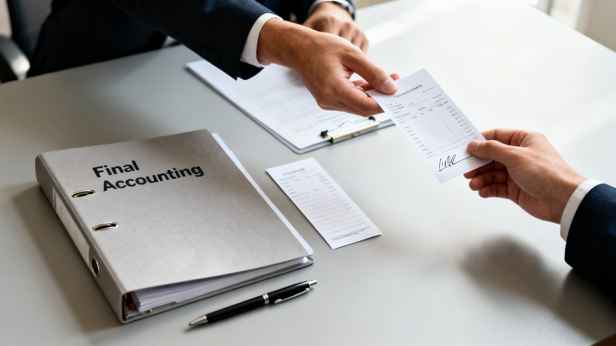 Two business professionals exchange a financial document over a desk with a 'Final Accounting' binder.