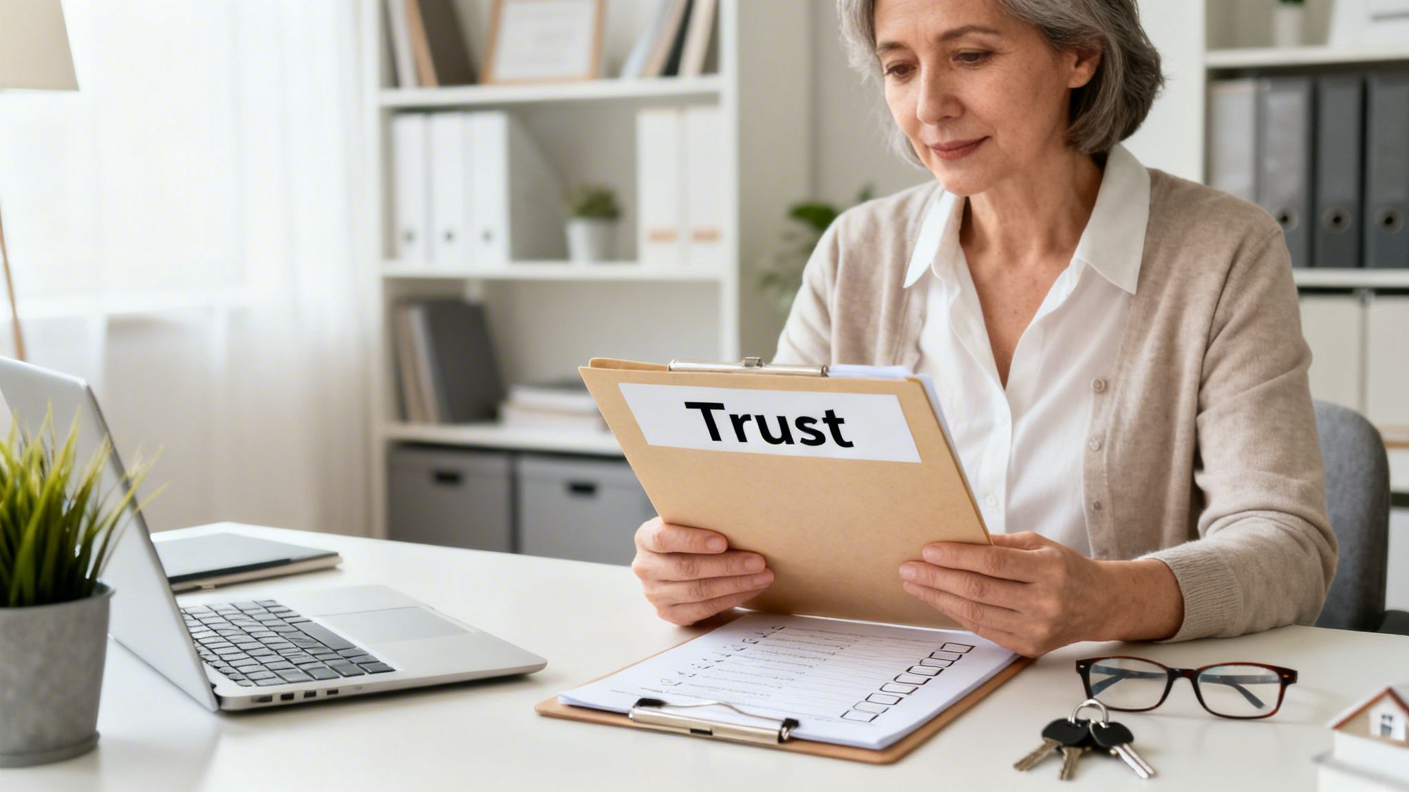A senior woman reviews a clipboard labeled 'Trust' at her desk with a laptop and documents.