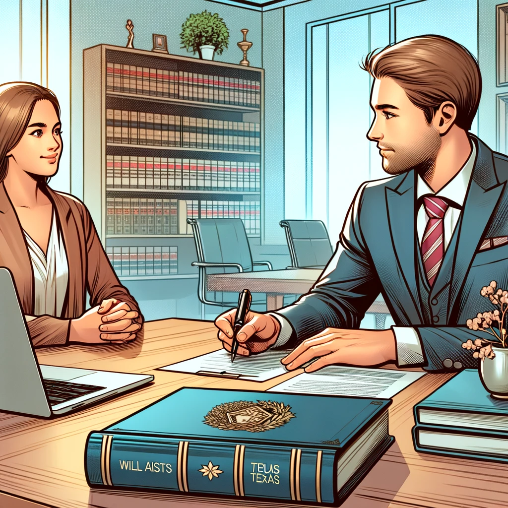 Client meeting with estate planning attorney in professional office, discussing wills and trusts, legal documents on table, law books in background, laptop present.