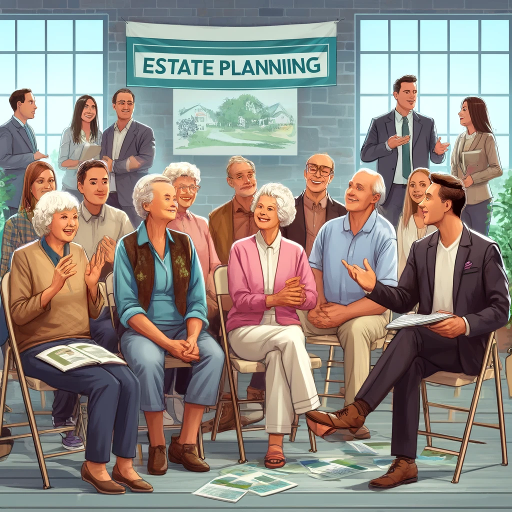 Group of satisfied clients engaged in estate planning discussion, showcasing positive experiences and testimonials, with a banner reading "ESTATE PLANNING" in the background.