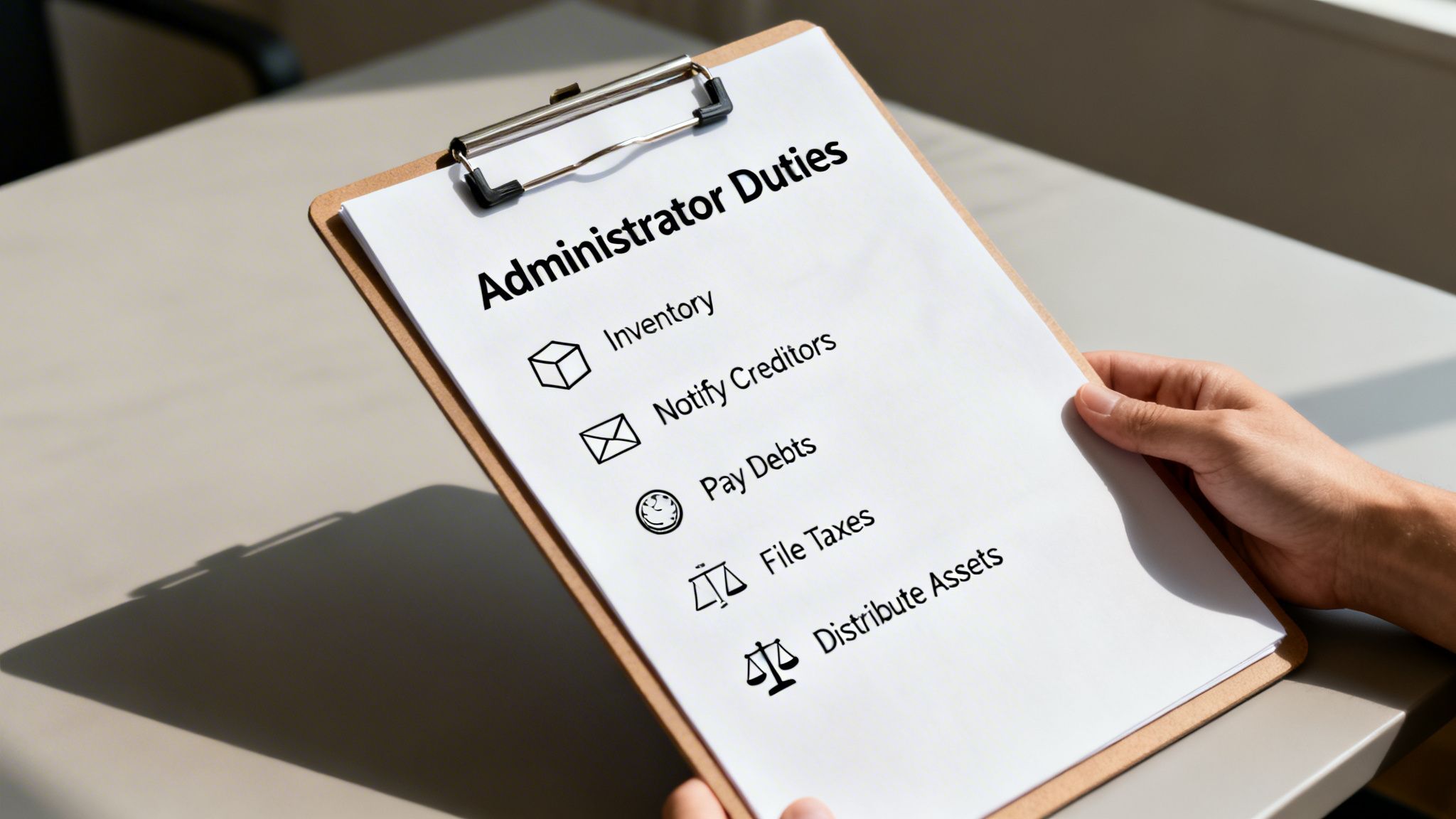 A hand holds a clipboard displaying 'Administrator Duties' with a list including inventory, debts, and taxes.