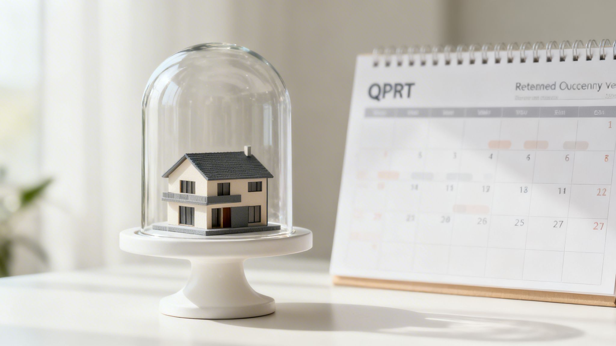 A miniature house under a glass dome next to a calendar, symbolizing property protection and financial planning.