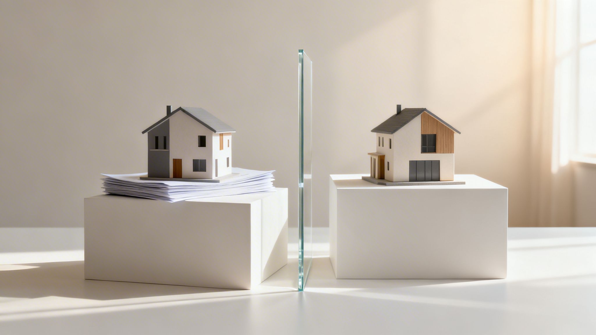 Two model houses on white stands, separated by a glass divider, symbolizing property division.