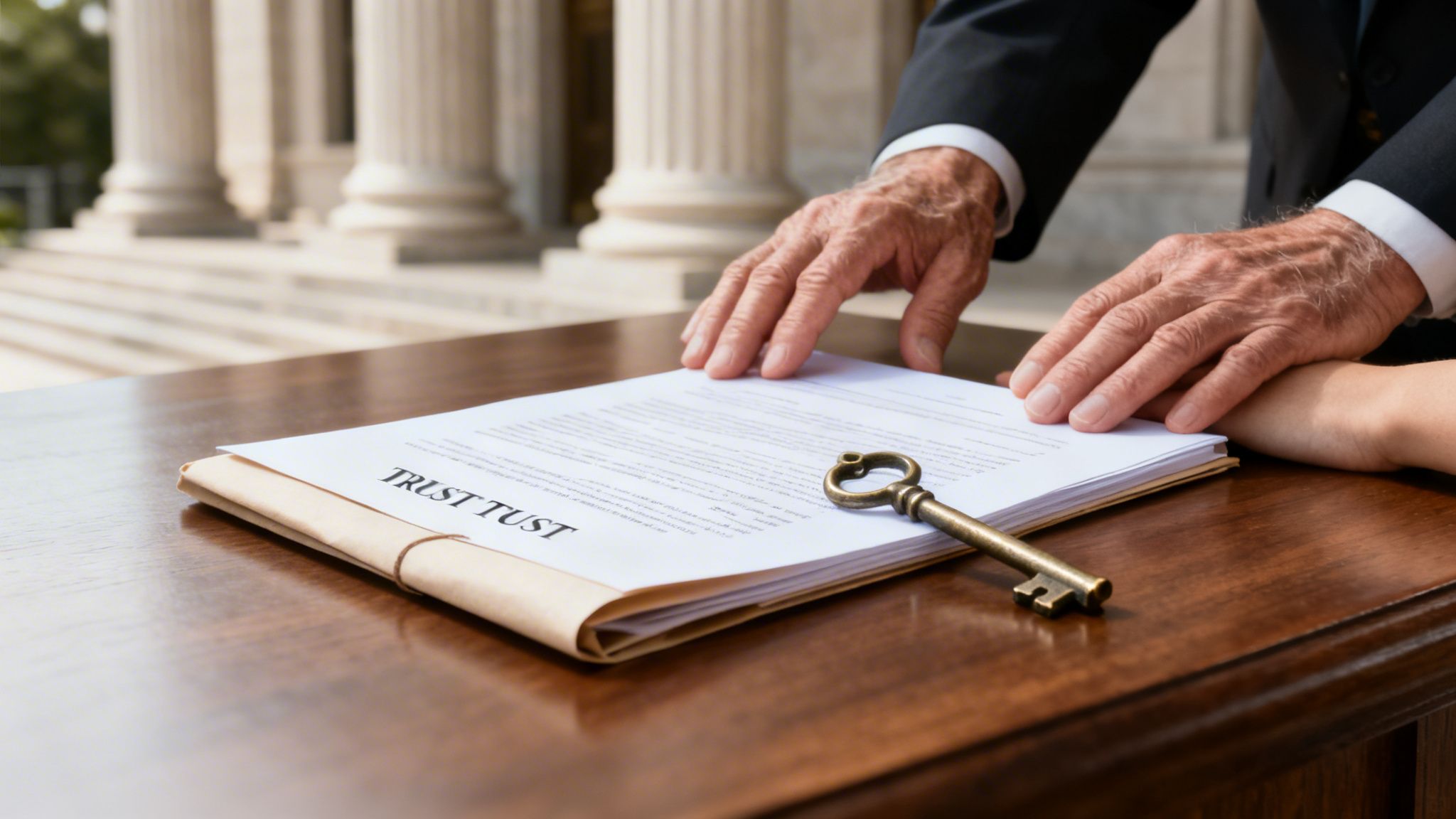 Elderly hands on trust documents with a vintage key, suggesting legal and property matters.