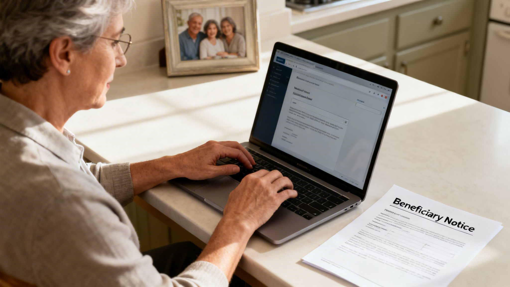 An older woman works on a laptop at a table with a "Beneficiary Notice" document.