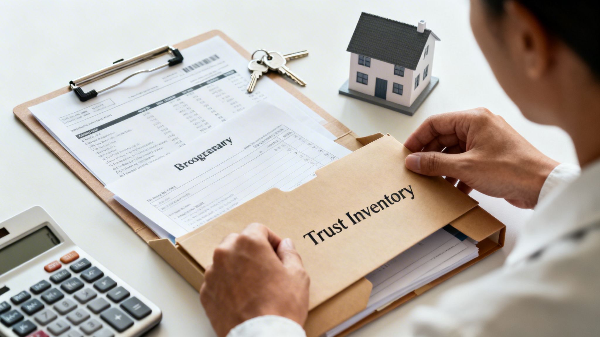 A person reviews financial documents, a calculator, house keys, and a miniature house, with a 'Trust Inventory' folder.