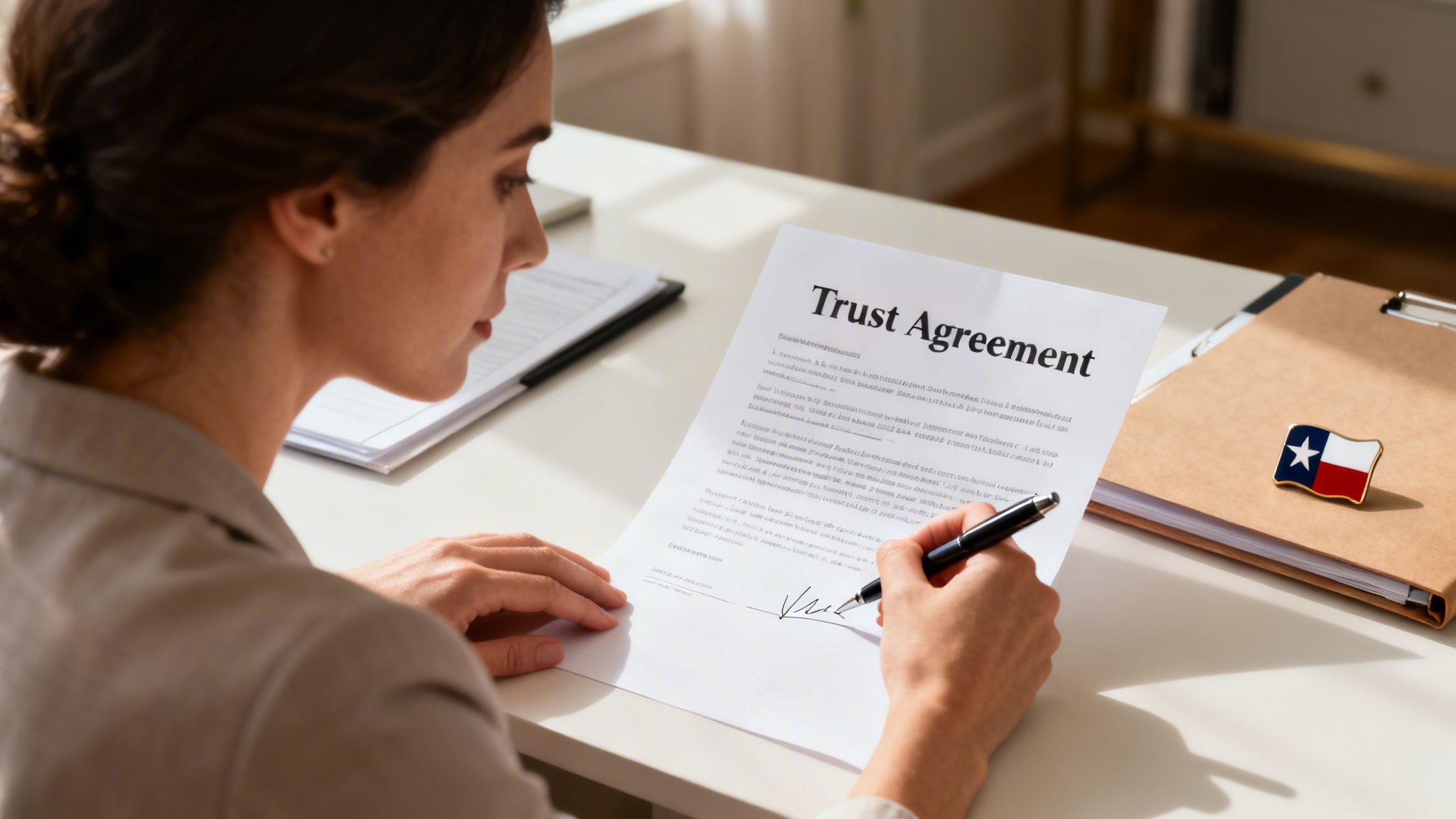 A woman signs a Trust Agreement document with a pen, a Texas flag pin is nearby.