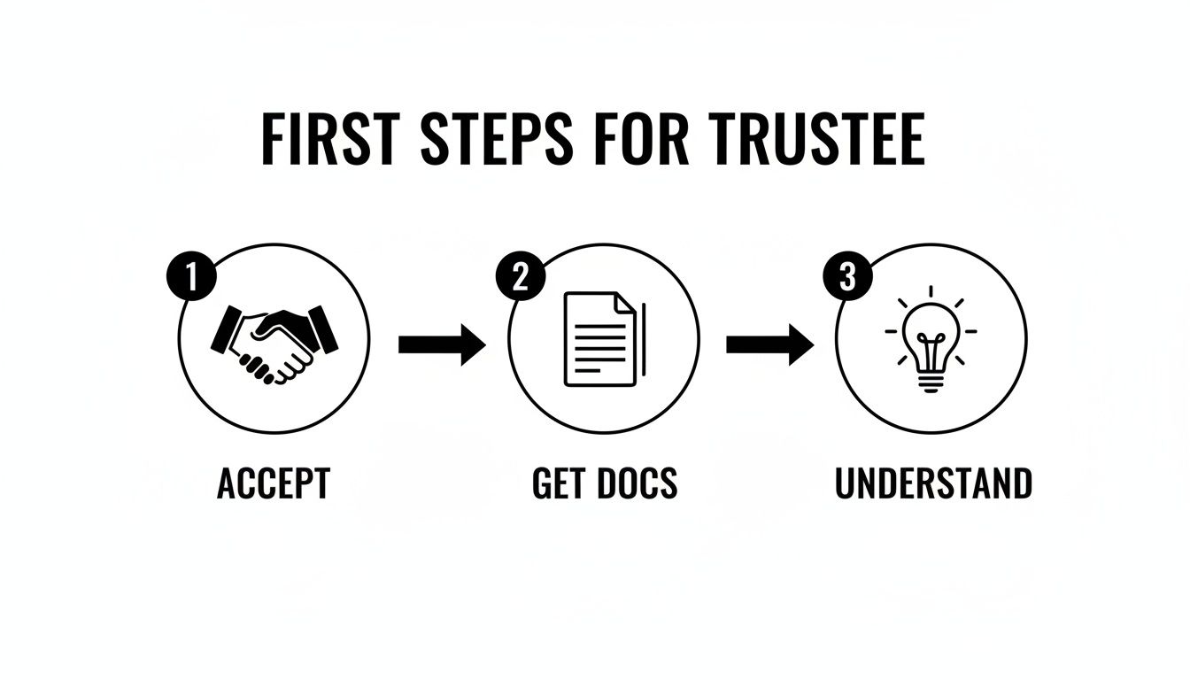 A three-step guide for trustees showing icons for accepting, getting documents, and understanding the trust.