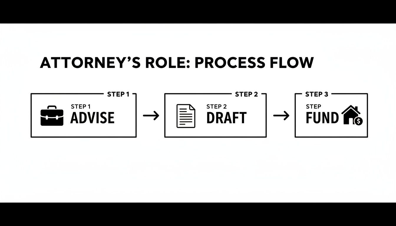 A process flow diagram illustrating an attorney's role with three steps: Advise, Draft, and Fund.