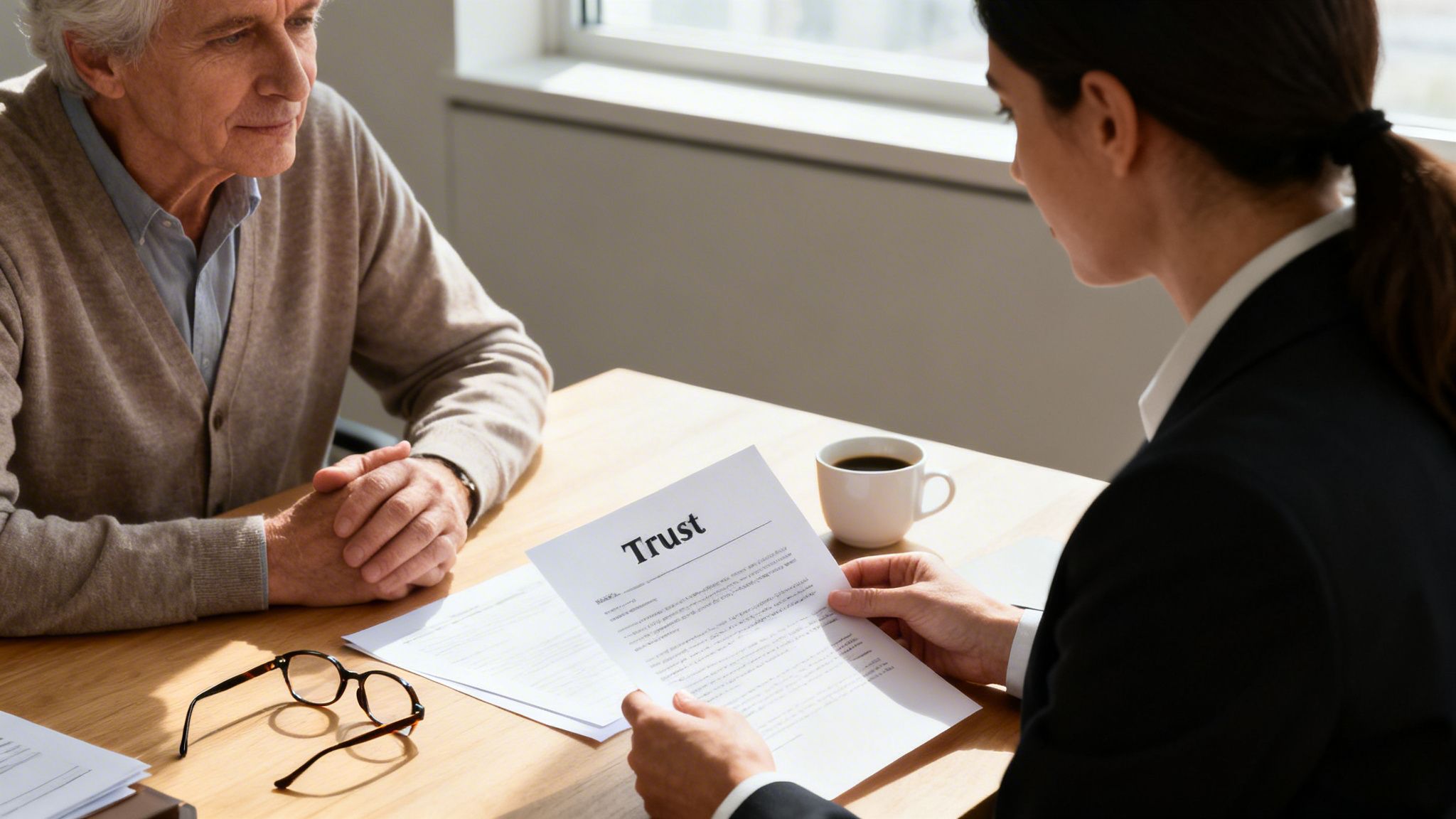 An older man listens intently as a professional woman explains a trust document.