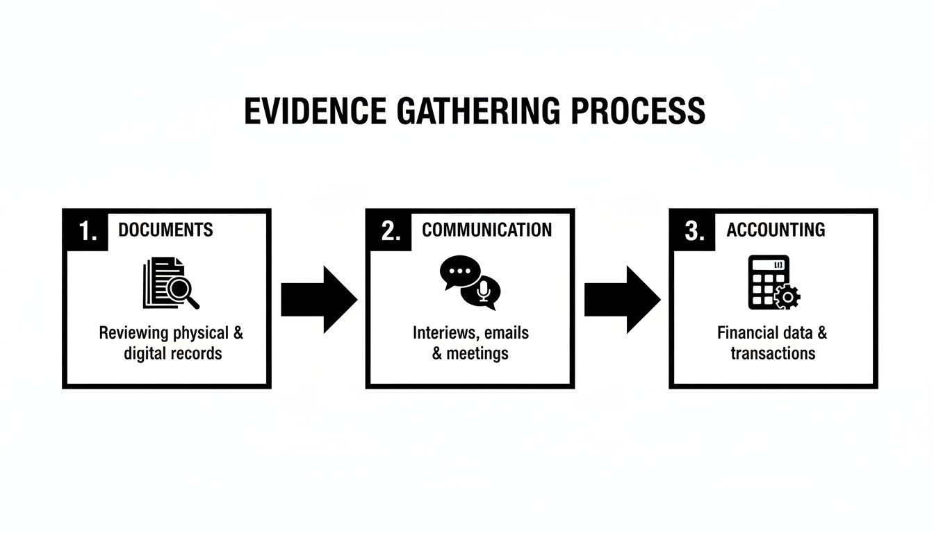 Flowchart outlining the evidence gathering process in three steps: documents, communication, and accounting.