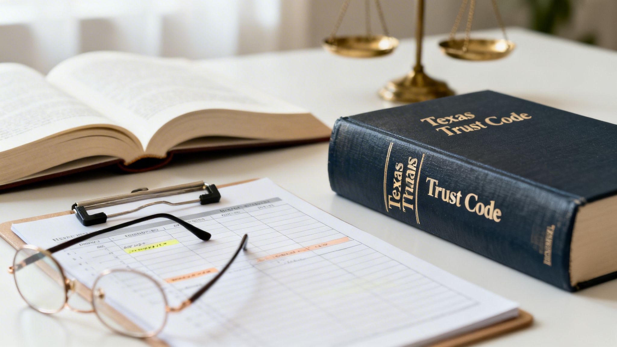 A legal desk setup featuring the Texas Trust Code book, open law book, glasses, and scales of justice.