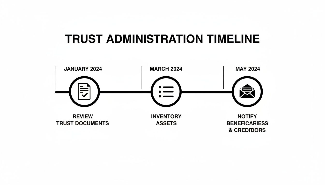 Trust administration timeline outlining key steps: reviewing documents in January, inventorying assets in March, and notifying beneficiaries/creditors in May.
