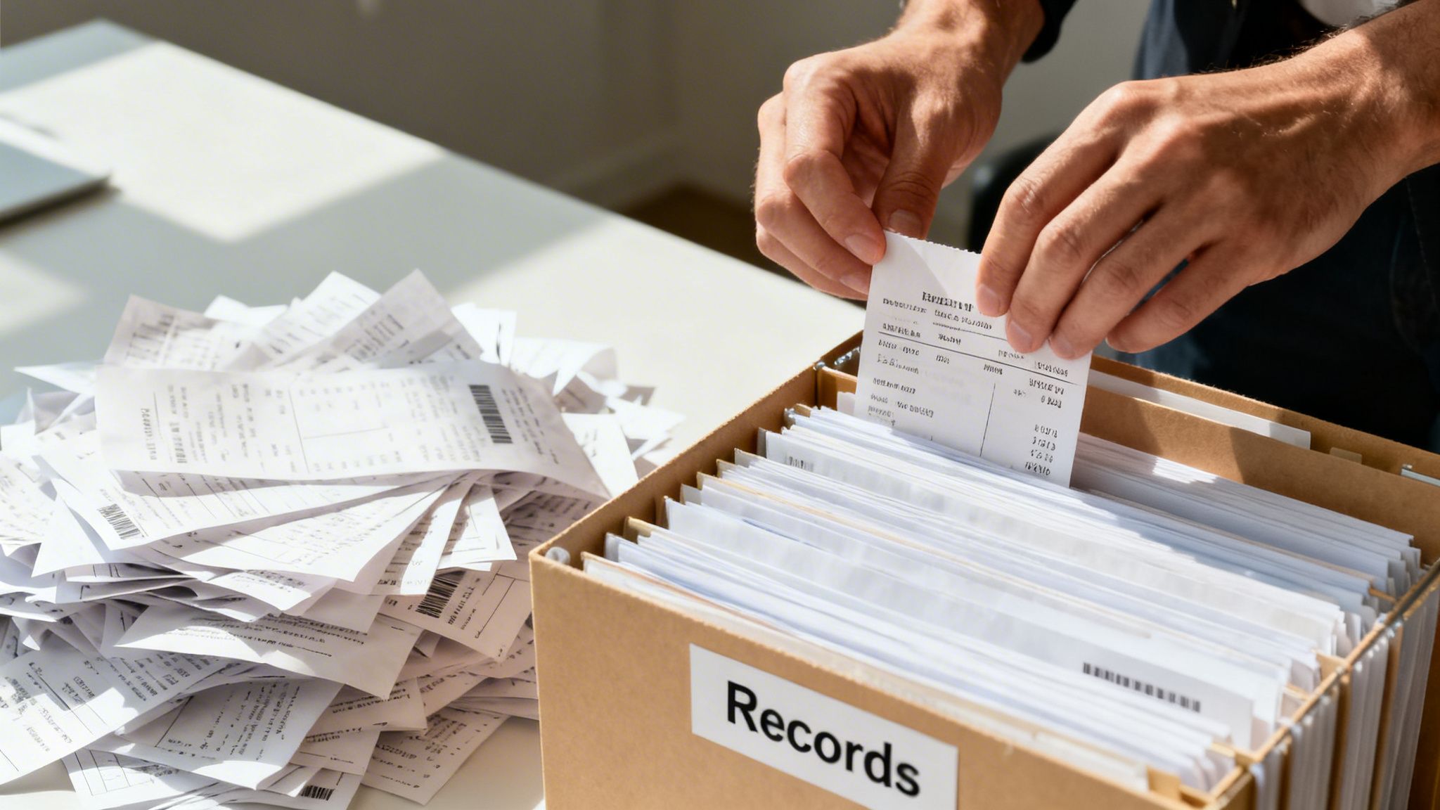 Hands organizing a stack of paper receipts into a 'Records' box, with more receipts piled on a desk.