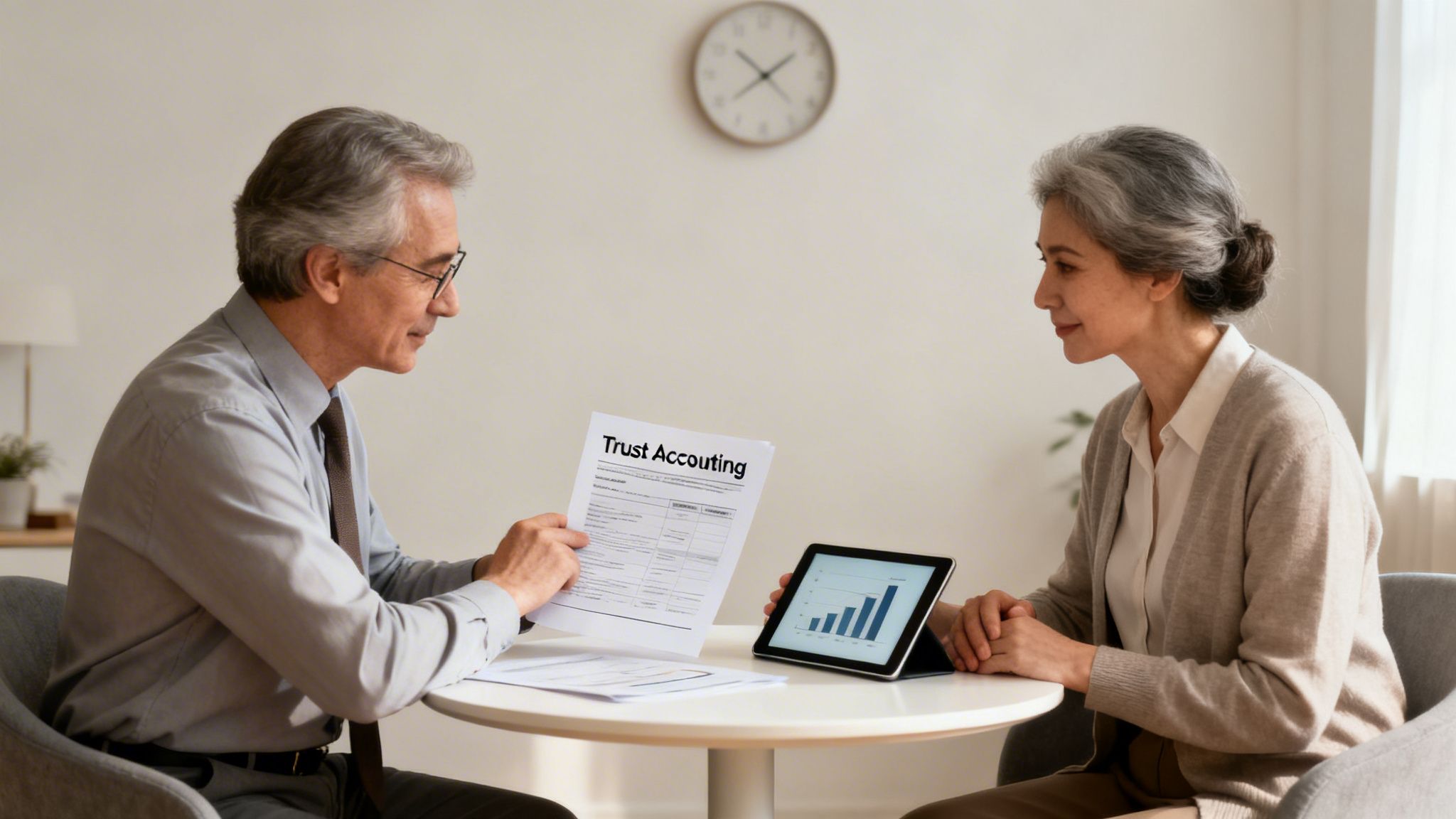 Senior man and woman discuss 'Trust Accounting' documents and financial data on a tablet.