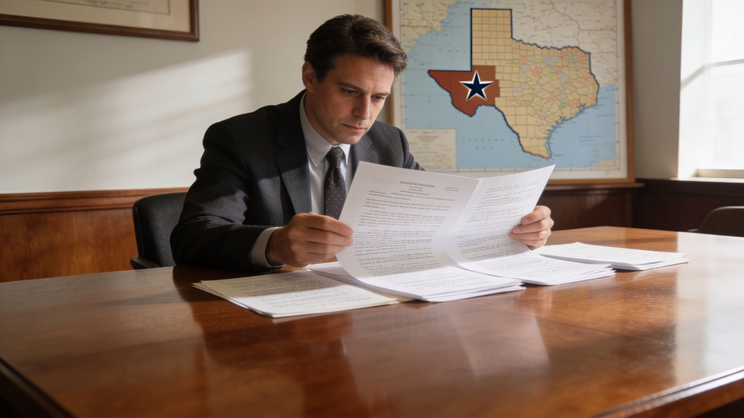A professional man in a suit carefully reviewing legal documents in an office with a Texas map.