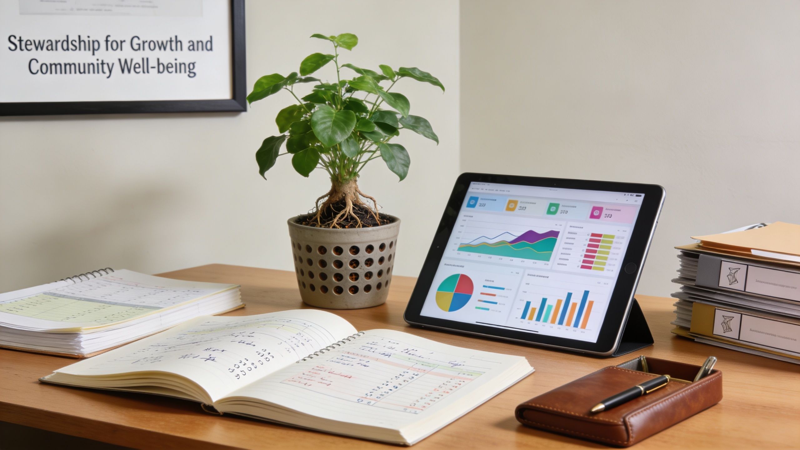 A wooden desk featuring a tablet with financial data, an open ledger, a plant, and office supplies.