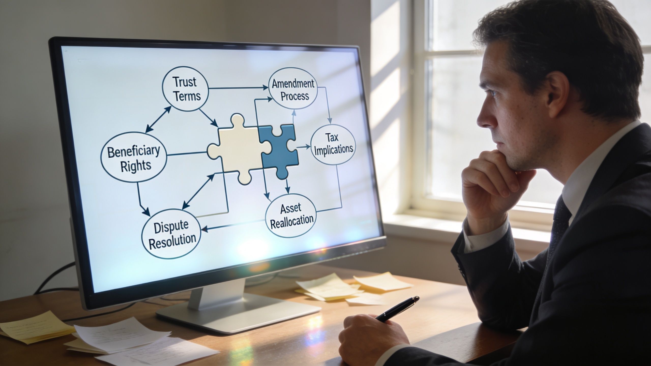 A professional man in a suit looking at a flow chart about trust administration on a monitor.