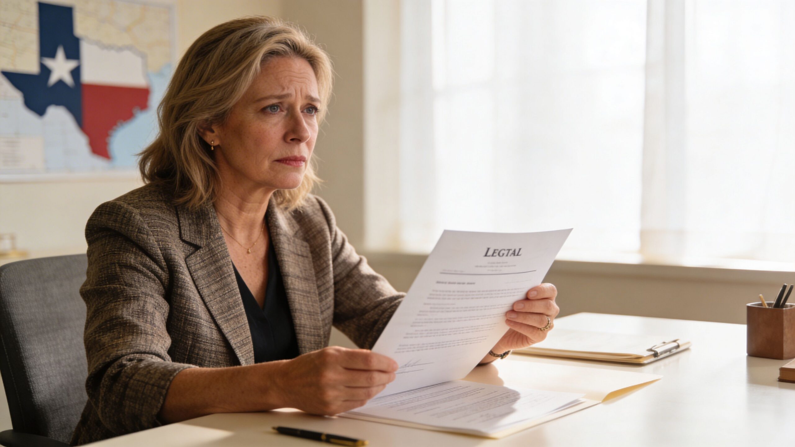 A concerned professional woman sits at a desk in Texas reading a legal document with focused attention.