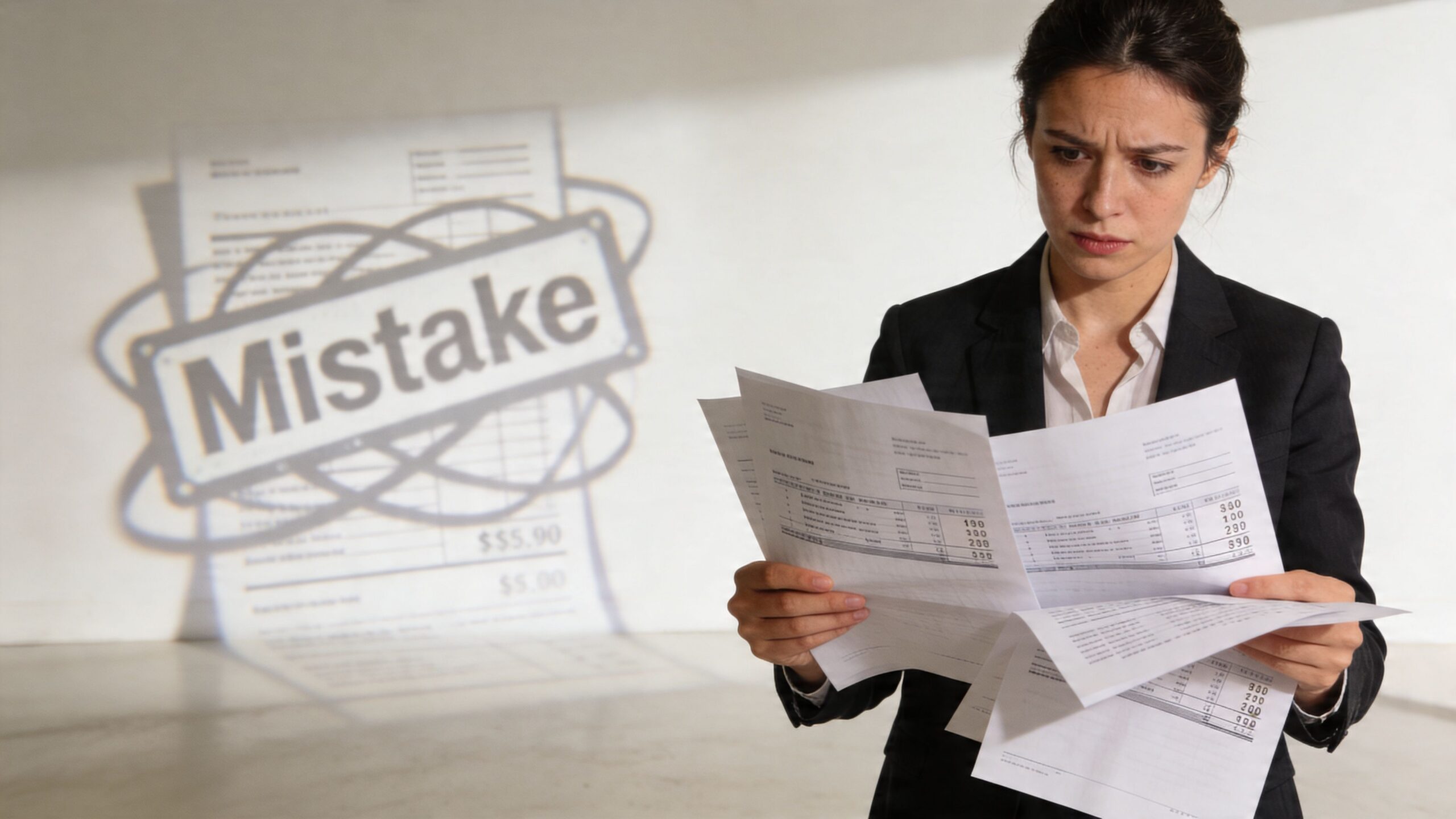 A concerned businesswoman looking at financial documents with a large mistake sign projected in the background.
