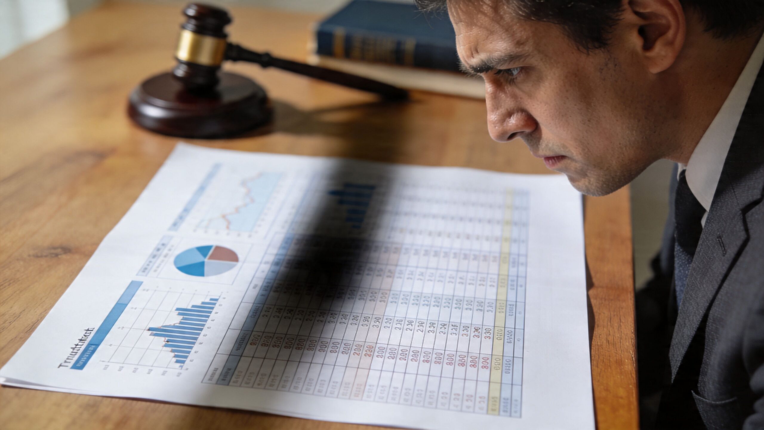 A serious businessman examining detailed financial accounting reports at a desk with a wooden judge's gavel nearby.