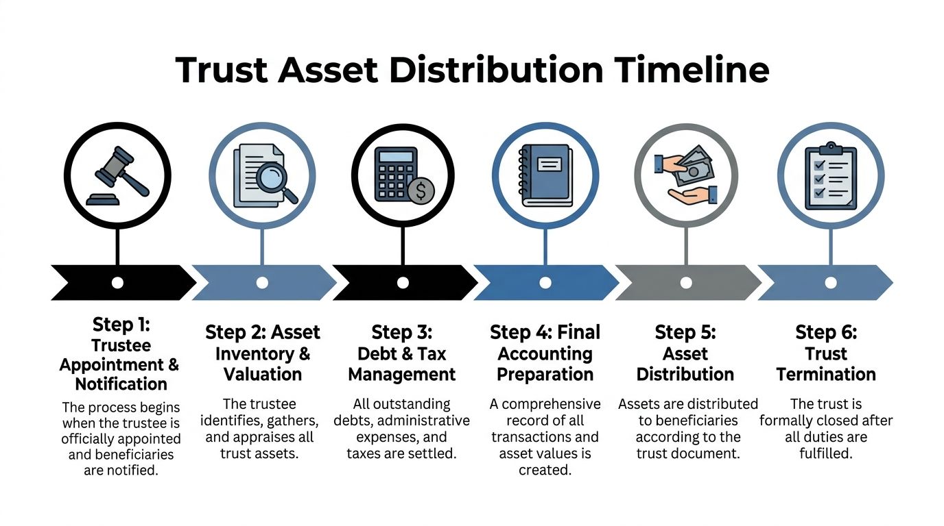 A six-step infographic timeline detailing the official trust asset distribution process for beneficiaries and trustees.