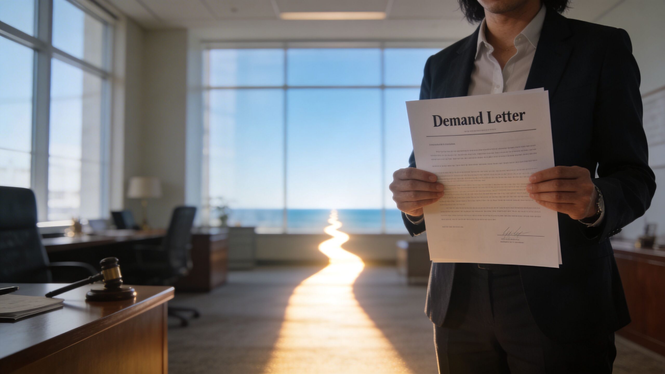 A professional in a suit holding a formal demand letter in a bright, modern law office setting.