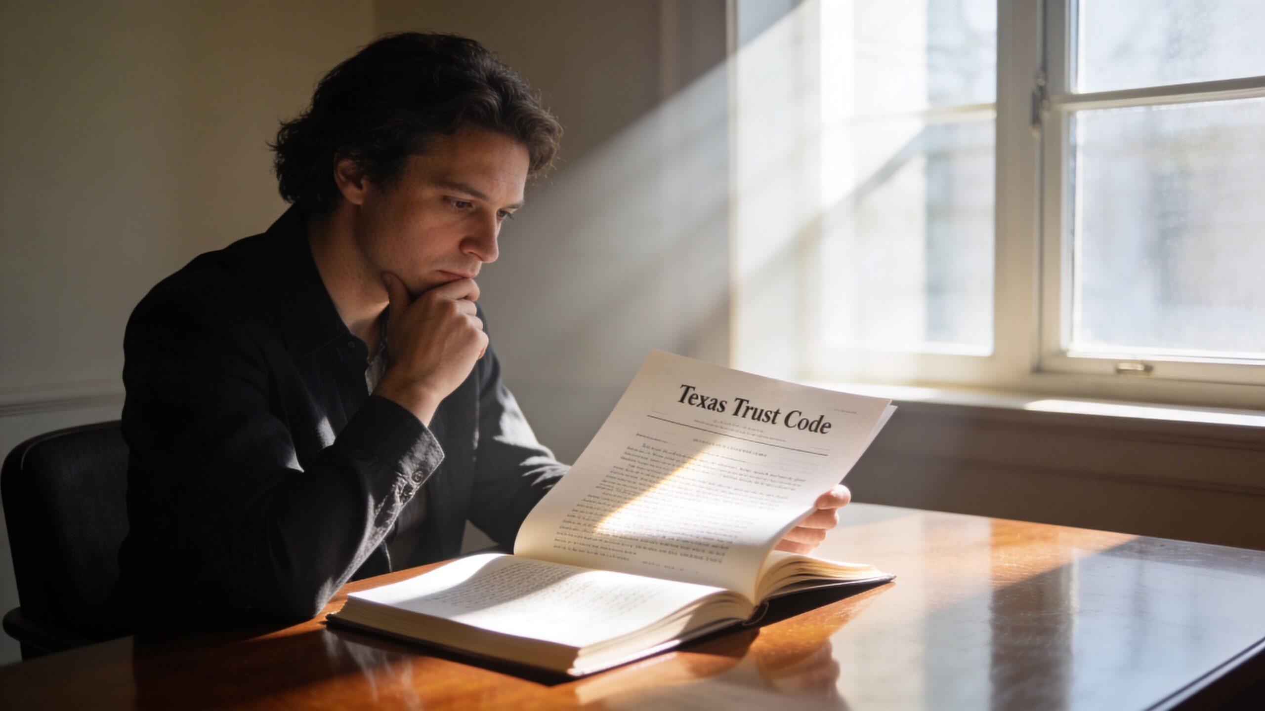 A man in a dark shirt sits at a wooden table reading the Texas Trust Code law book.