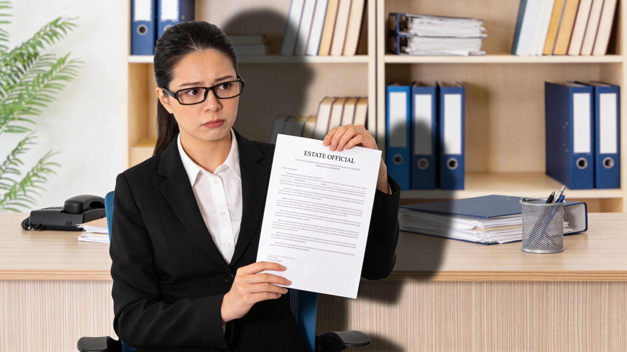 A concerned office worker in a blazer holds up a document labeled Estate Official for review.